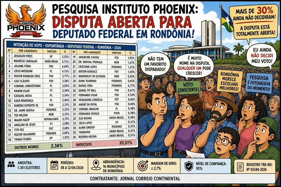 Pesquisa do Instituto Phoenix aponta cenário aberto na disputa para deputado federal em Rondônia 