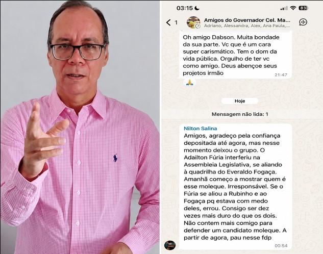 Nilton Salina anuncia rompimento com grupo político e faz críticas a Adailton Fúria em mensagem