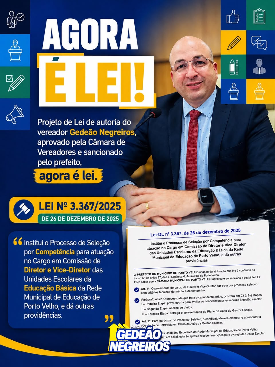 Sancionada lei de Gedeão Negreiros que institui seleção por competência para diretores de escolas