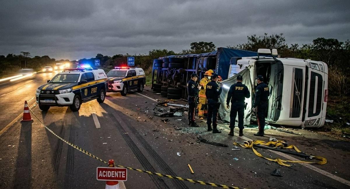 Caminhoneiro morre em tombamento violento de carreta na BR-070