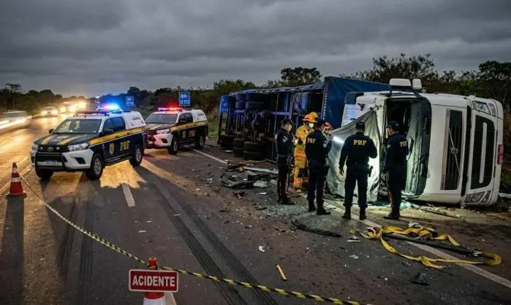 Caminhoneiro morre em tombamento violento de carreta na BR-070