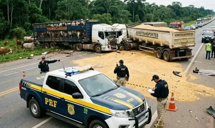 Colisão entre carretas espalha carga de soja e trava rodovia federal em RO
