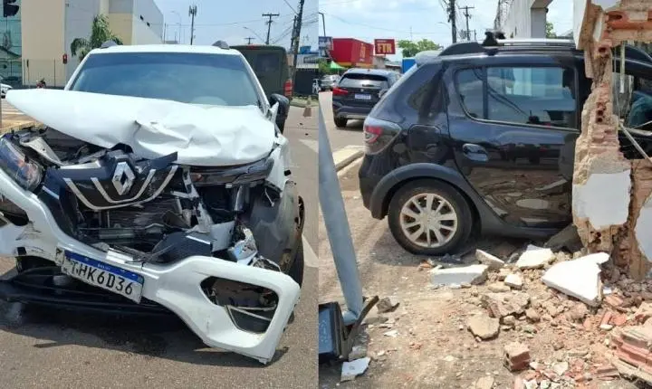 Colisão entre carros resulta em danos materiais e atinge portão de área militar na região central de capital