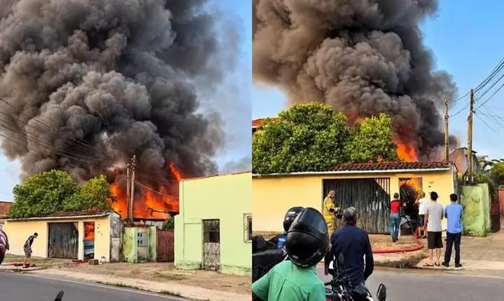 Incêndio destrói residência em Ji-Paraná e mobiliza bombeiros para evitar que fogo atinja imóveis vizinhos
