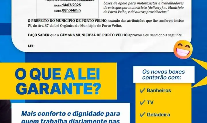 Lei de autoria do vereador Nilton Souza garante boxes de apoio para mototaxistas e entregadores em Porto Velho
