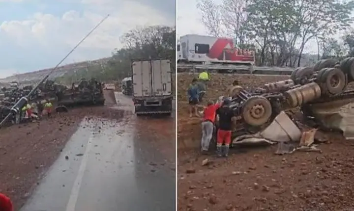Motorista morre depois de carreta capotar no canteiro central da BR-364