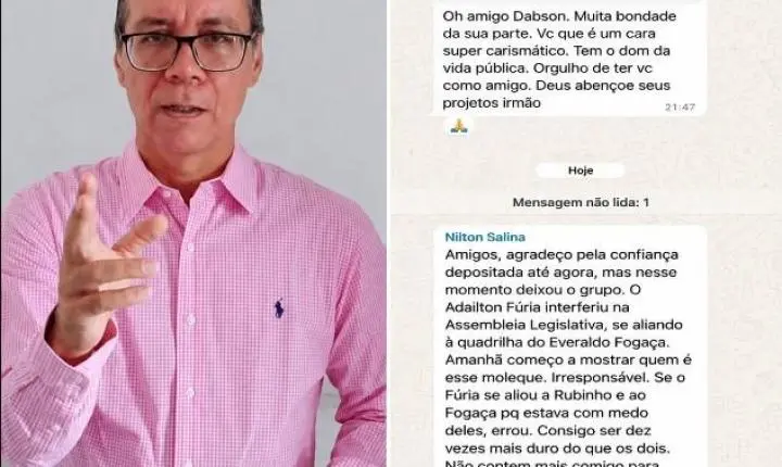 Nilton Salina anuncia rompimento com grupo político e faz críticas a Adailton Fúria em mensagem