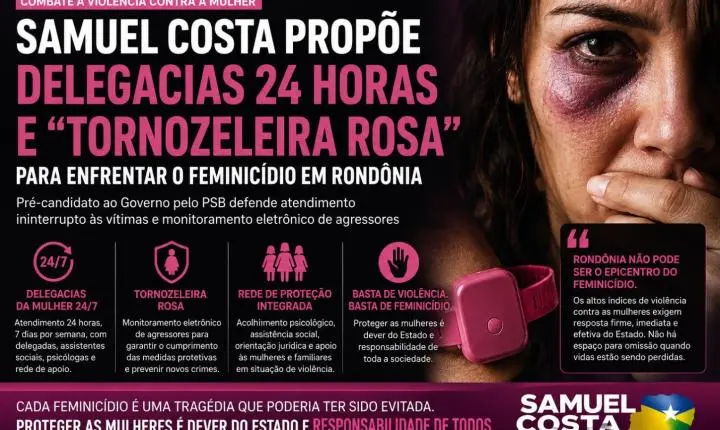 Plano de Samuel Costa prevê delegacias 24/7 e “Tornozeleira Rosa” para fortalecer a proteção às mulheres